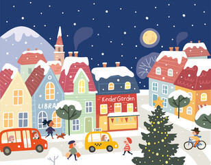 Vector Christmas illustration with a winter town, people, a New Year tree, and snow-covered rooftops. A Christmas mood and New Year vibe. Winter background with a snowy city.