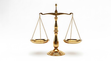 A golden brass scale of justice, symbolizing law and balance, isolated on a white background