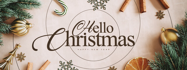 Hello Christmas. Christmas greeting card design with Christmas symbols and black text on white...