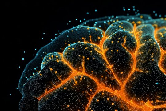 Detailed illustration of a glowing brain with vibrant colors and dynamic energy representing thought and creativity