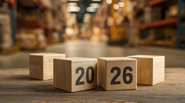 Wooden blocks spelling out 2026 on a rustic wooden surface, set against the backdrop of a vast warehouse, symbolizing a future outlook.