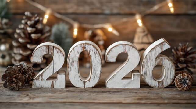 As the clock ticks towards a fresh beginning, the year 2026 takes center stage, embodied in rustic wooden numerals, beautifully complemented by the surrounding natural holiday decoration.