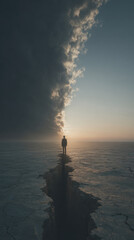 Obraz premium Lone man standing at edge of vast cracked desert fissure facing dramatic storm clouds and distant sunset, evoking solitude and tension