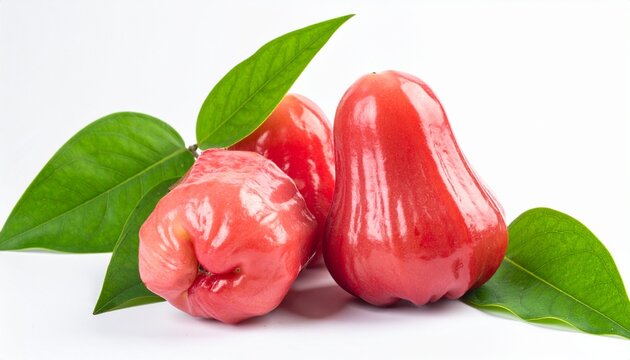 Juicy Rose Apples: Fresh, vibrant tropical fruit. Delicious and healthy still life. Pink fruit with green leaves on a clean background.
