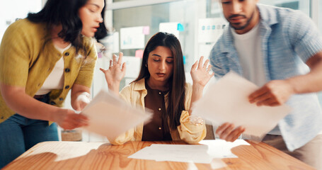 Frustrated woman, documents and overwhelmed with team, stress or paperwork for multitasking. Female...