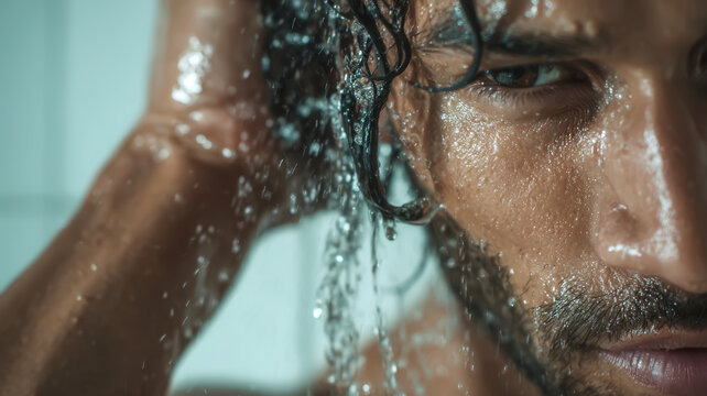 A portrait of a muscular man washing hair under falling water drops, minimalist clean spa background. Selfcare and wellness concept. - Powered by Adobe