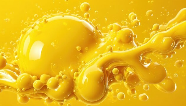 a bright explosion of yellow liquid. The splashes and drops are frozen in motion, creating an effect of dynamism and freshness.