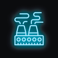 Glowing blue neon style icon of a factory emitting pollution