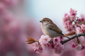 Sparrow perched on cherry blossom branch during spring bloom