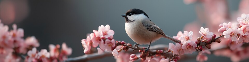 Chickadee perched on cherry blossom branch in springtime