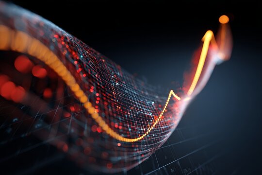 Vibrant abstract visualization of data trends and statistics with dynamic flow in dark background
