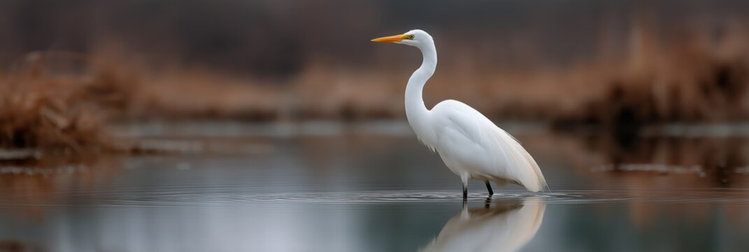 Graceful white egret in tranquil wetlands