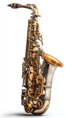 A detailed alto saxophone in a golden and silver finish, isolated on a clean white background with professional studio lighting.