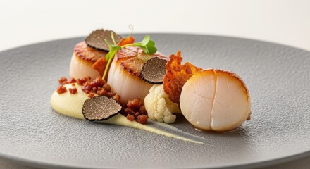 Gourmet seared scallops with truffle and cauliflower create a luxurious culinary masterpiece