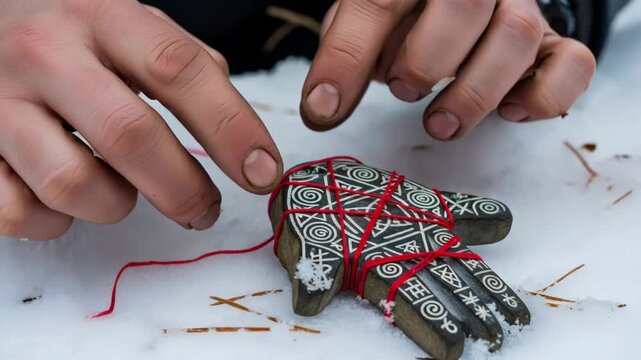 Man tying red thread around a wooden hand in snow for a pagan ritual. Yule holiday ceremony with ancient symbolism.