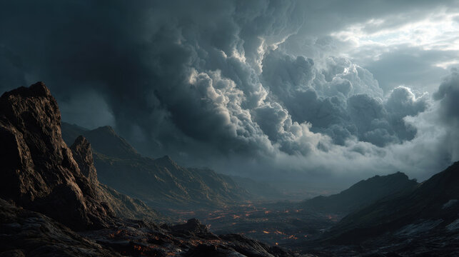 Storm cloud valley mountain landscape drama ominous cinematic sky volcanic glow