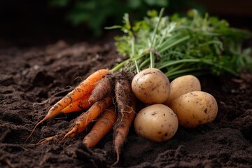 Freshly harvested carrots and potatoes on rich soil in garden