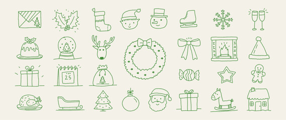 Retro vintage chalk-crayon doodle Christmas and New Year icons with hand-drawn holiday motifs: Xmas wreath, stocking,gifts, sweets, festive symbols in a charming grunge sketch style for winter designs