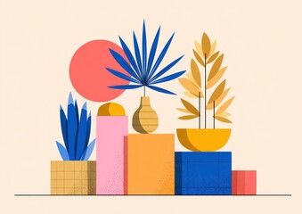 Colorful abstract plants arranged on geometric shapes.