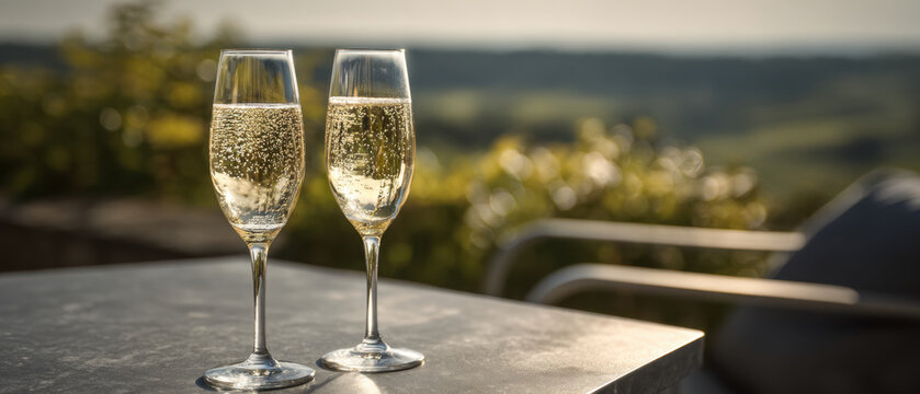 Two champagne flute glass filled with sparkling wine on angled modern table at sunset, soft bokeh landscape and outdoor seating create romantic relaxed atmosphere - Powered by Adobe