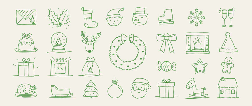 Retro vintage chalk-crayon doodle Christmas and New Year icons with hand-drawn holiday motifs: Xmas wreath, stocking,gifts, sweets, festive symbols in a charming grunge sketch style for winter designs - Powered by Adobe