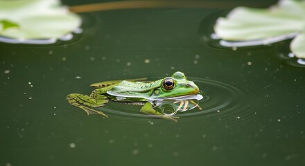 Green Frog Swimming in Pond with Lily Pads.