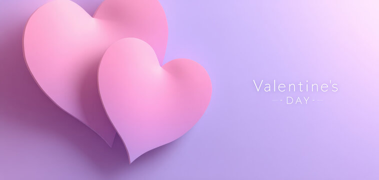 Two pink paper hearts on soft pink purple gradient background create romantic feeling and gentle shadows for Valentine celebration and love concept illustration