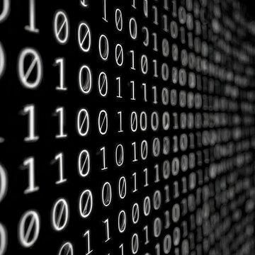 Abstract flowing stream of binary code in white glowing digits against a dark black backdrop, representing data and technology.