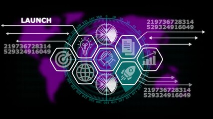 Launch Concept with Global Network and Business Icons on Purple Background technology - Powered by Adobe