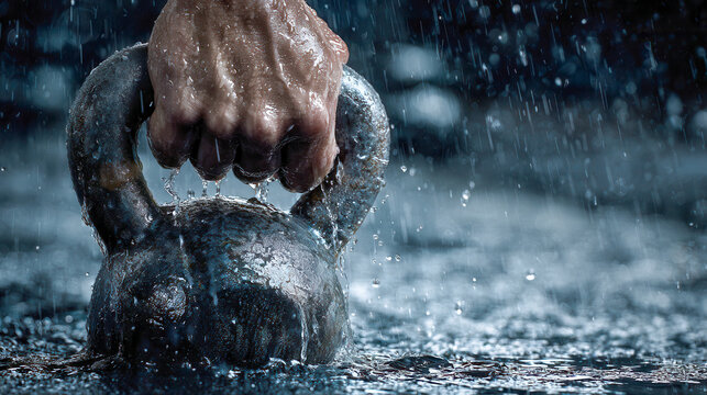 A strong hand gripping a wet kettlebell under heavy rain with water droplets splashing around in an intense outdoor workout scene - Powered by Adobe