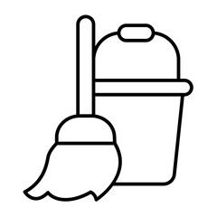 Bucket and broom thin line icon, spring season concept. Vector graphics. Floor cleaning work, housework sign on white background, style icon mobile or web design.