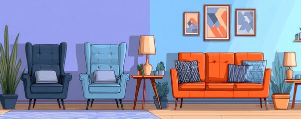 Colorful living room interior design illustration.