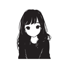 Beautiful Kawaii Girl Black and White Vector Illustration in Cute Simple Line Art Style