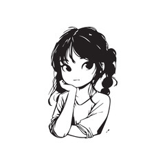 Beautiful Kawaii Girl Black and White Vector Illustration in Cute Simple Line Art Style