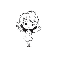 Beautiful Kawaii Girl Black and White Vector Illustration in Cute Simple Line Art Style