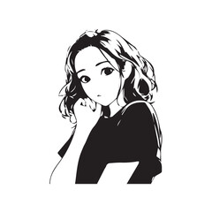Beautiful Kawaii Girl Black and White Vector Illustration in Cute Simple Line Art Style