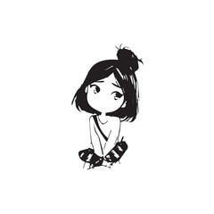 Beautiful Kawaii Girl Black and White Vector Illustration in Cute Simple Line Art Style