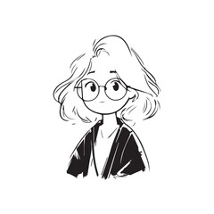 Beautiful Kawaii Girl Black and White Vector Illustration in Cute Simple Line Art Style