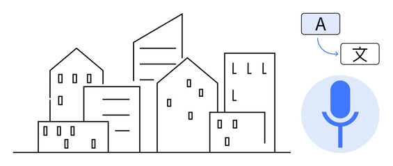 Outline of buildings paired with a speech microphone and language translation symbols. Ideal for communication, globalization, technology, language, urban innovation, digital tools, simple flat