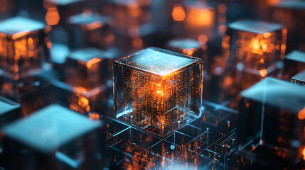 Modern technology cube displaying digital information processing in glowing orange and blue