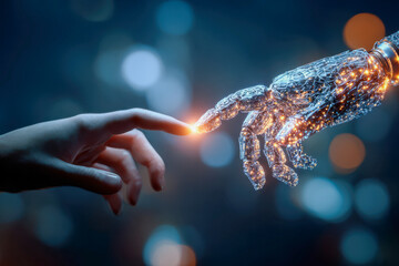 Human finger and futuristic glowing robotic hand nearly touching against blurred dark background symbolizing connection between technology and humanity