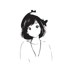 Beautiful Kawaii Girl Black and White Vector Illustration in Cute Simple Line Art Style