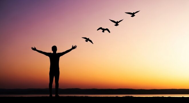 Silhouette man and dove birds flying, concept as hope and freedom - Powered by Adobe