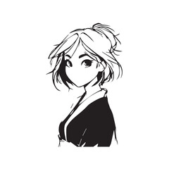 Beautiful Kawaii Girl Black and White Vector Illustration in Cute Simple Line Art Style