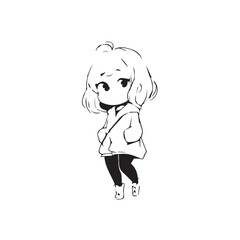 Beautiful Kawaii Girl Black and White Vector Illustration in Cute Simple Line Art Style