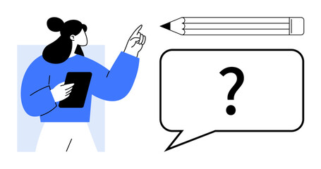 Woman holding tablet pointing at large speech bubble with question mark and pencil above. Ideal for education, communication, brainstorming, creativity, solutions, learning, remote work, simple flat