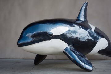 Obraz premium Brightly colored orca sculpture displayed at an urban art installation in the city center during daylight hours