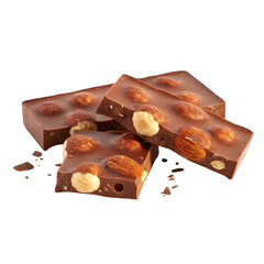 Rich Milk Chocolate Bar with Whole Almonds and Hazelnuts Scattered on a Transparent Black Background Studio Shot