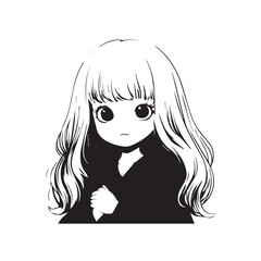 Beautiful Kawaii Girl Black and White Vector Illustration in Cute Simple Line Art Style