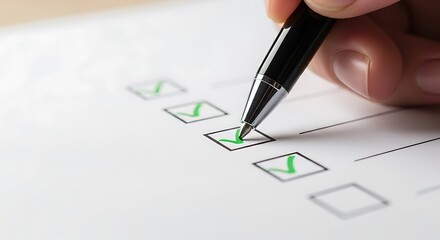 Closeup of a hand holding a pen and marking a checkbox on a white paper with a green checkmark, signifying completion or agreement